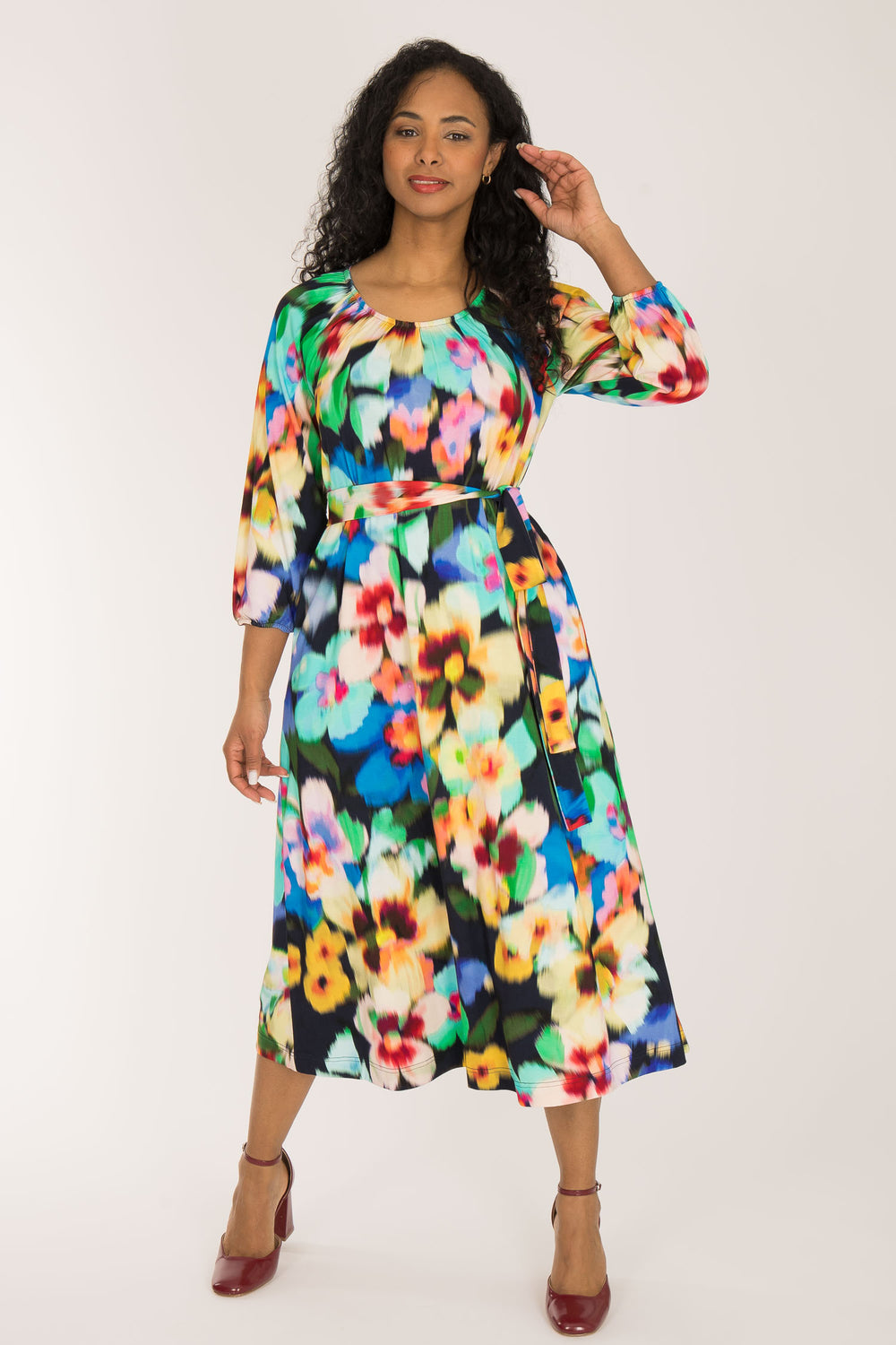 A-lined belted midi jersey dress - Navy