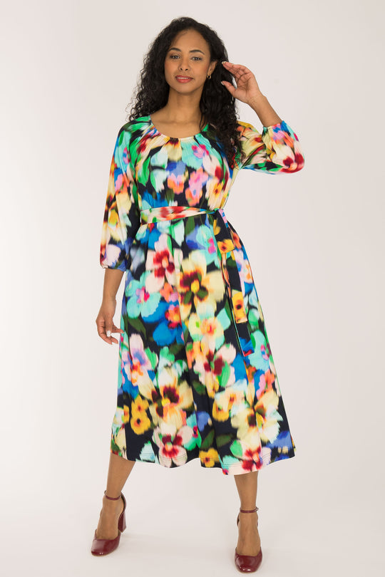 A-lined belted midi jersey dress - Navy