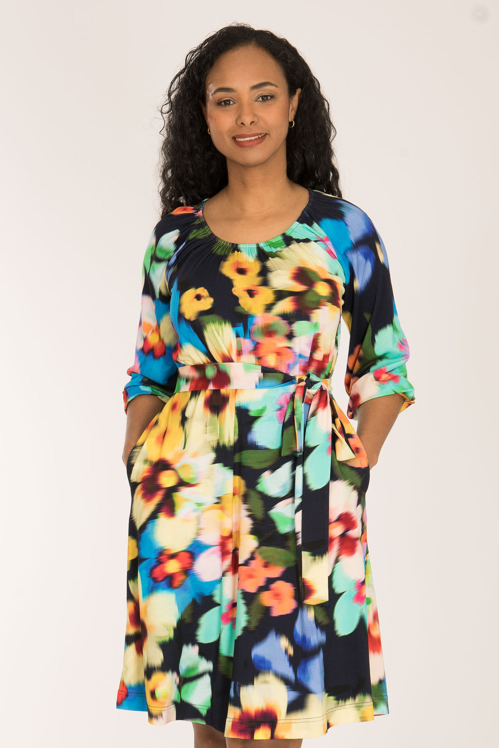 A-lined belted short jersey dress - Navy