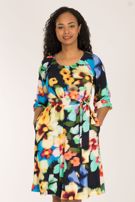 A-lined belted short jersey dress - Navy