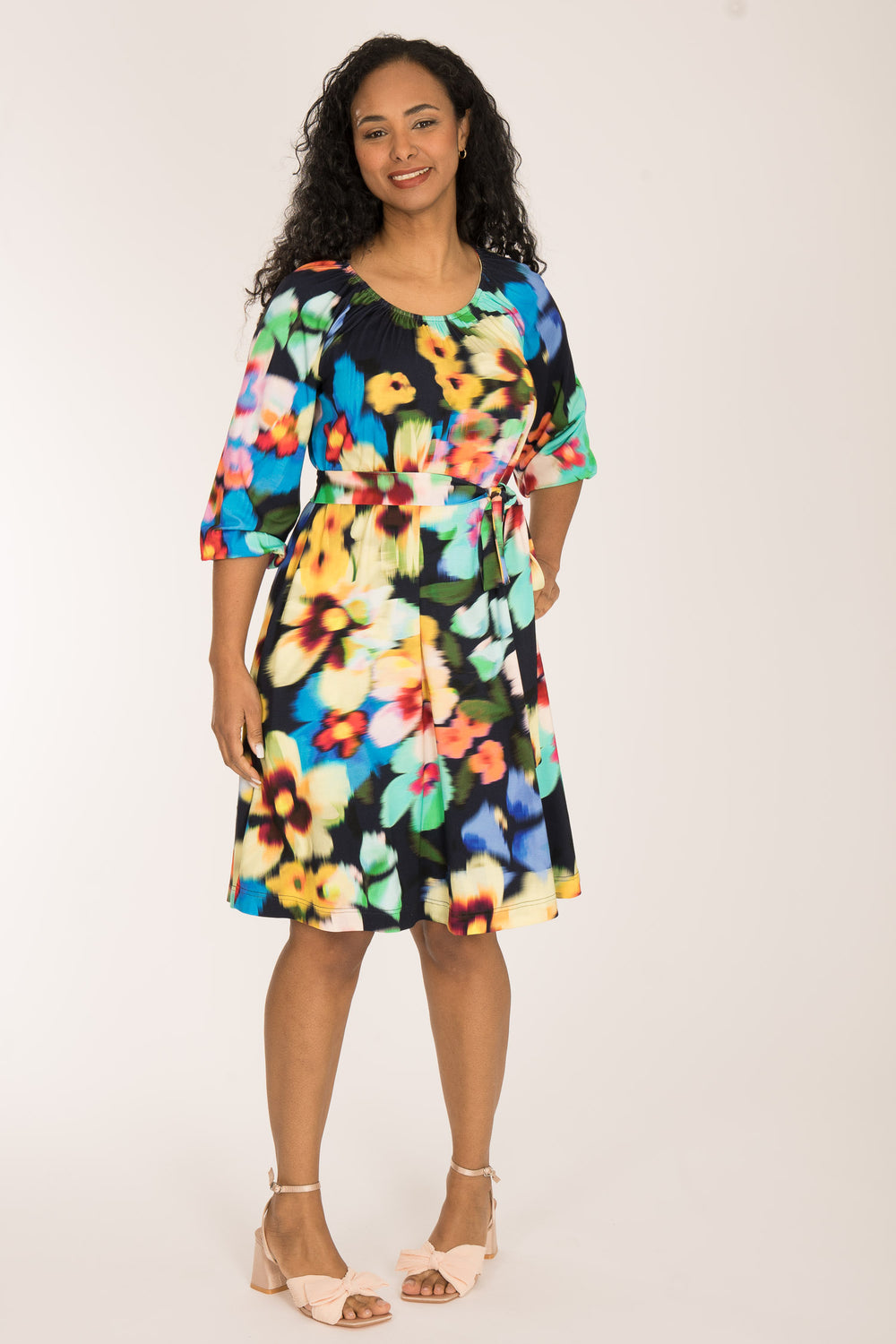 A-lined belted short jersey dress - Navy