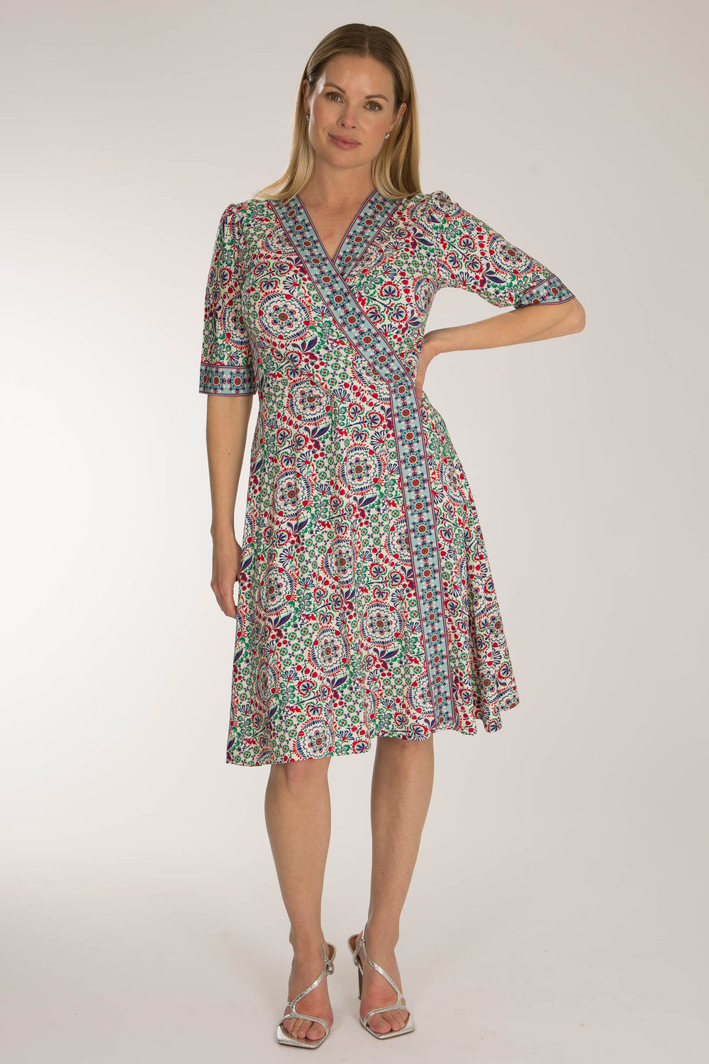 Slip-On wrap short jersey dress - Blue folklore