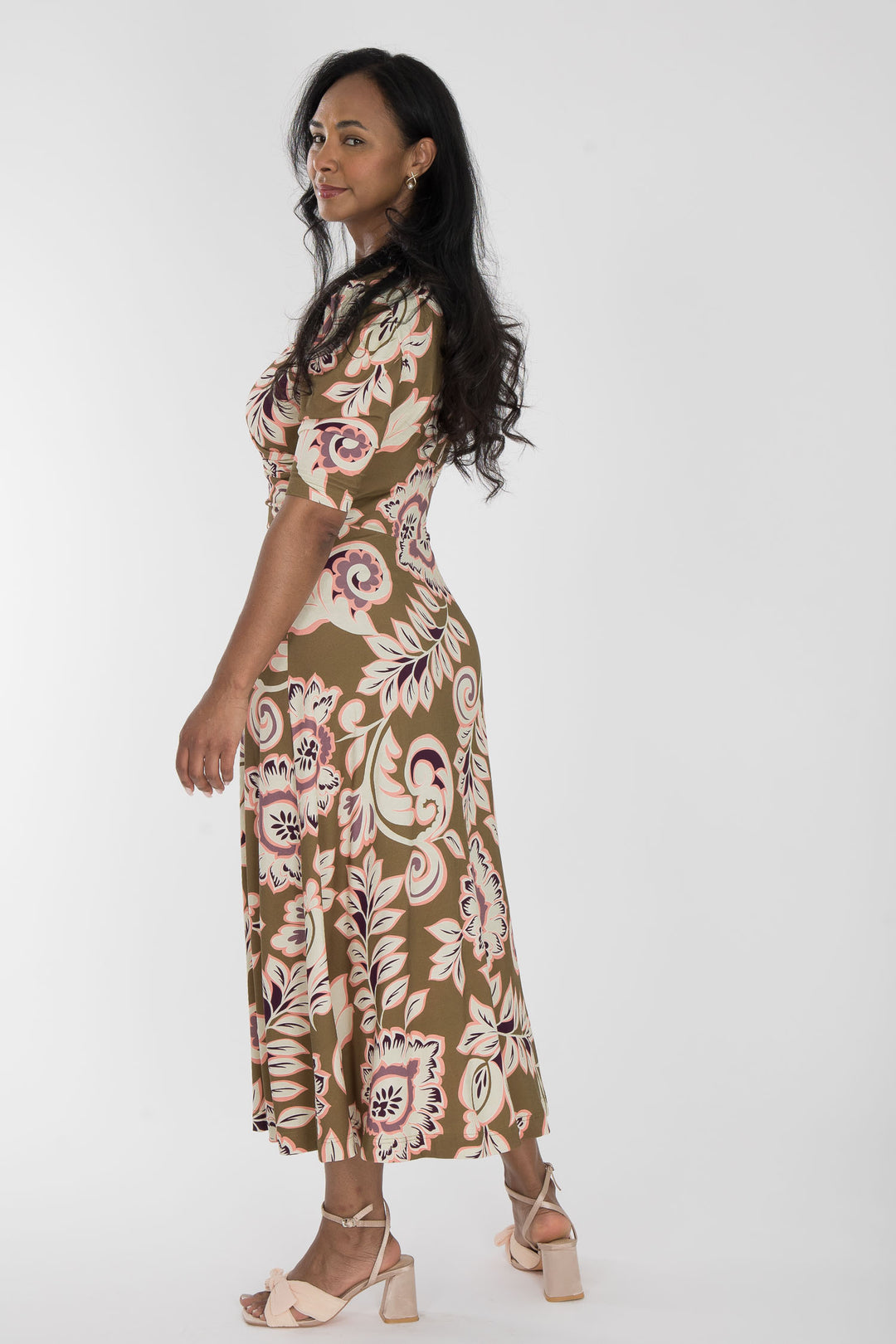 Closed wrap midi jersey dress - Olive