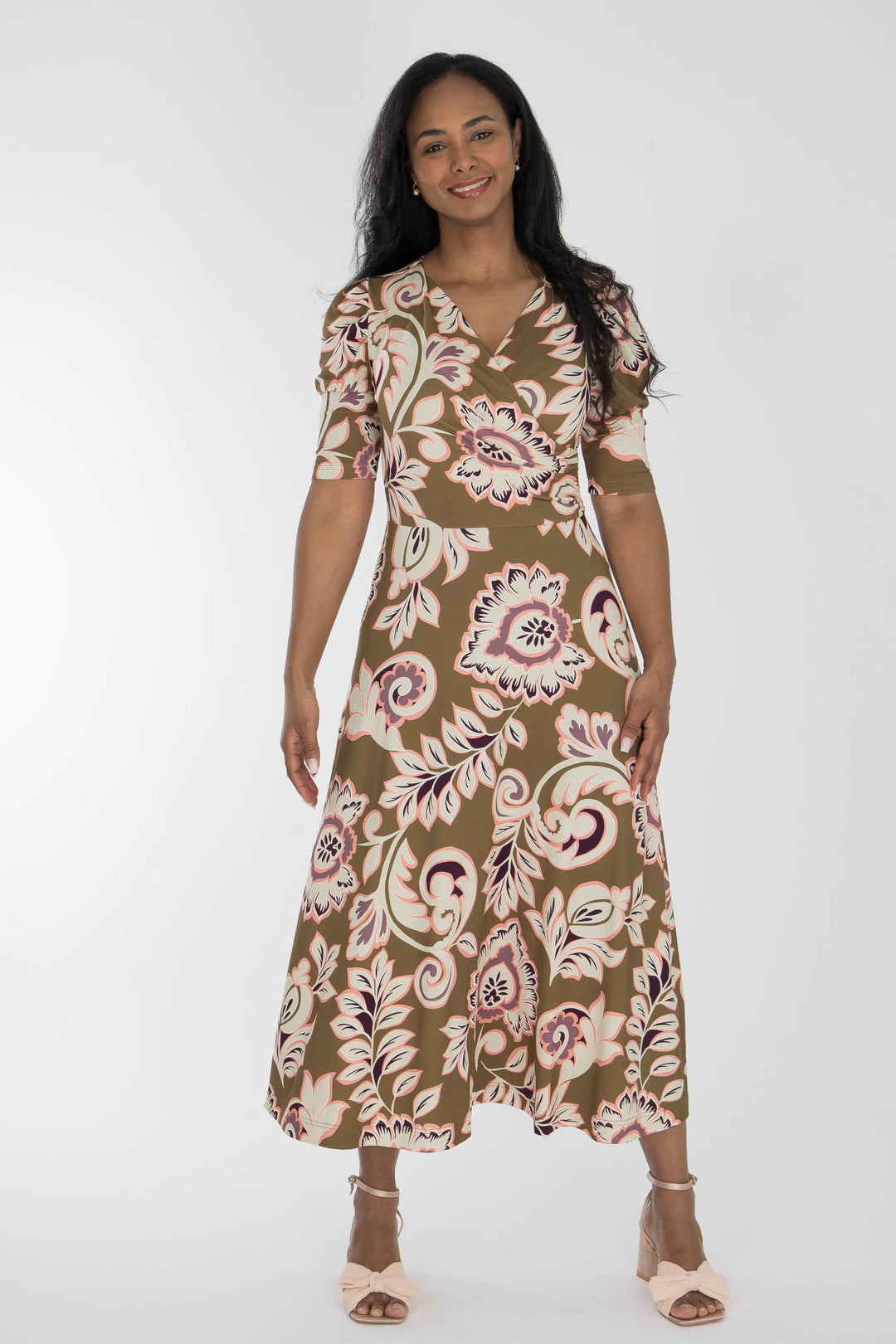 Closed wrap midi jersey dress - Olive