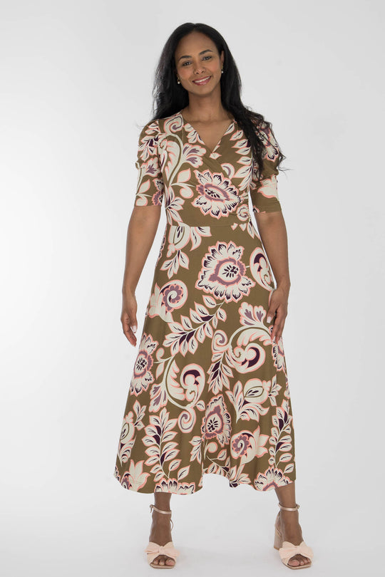 Closed wrap midi jersey dress - Olive