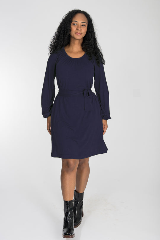 A-lined belted short jersey dress - Navy