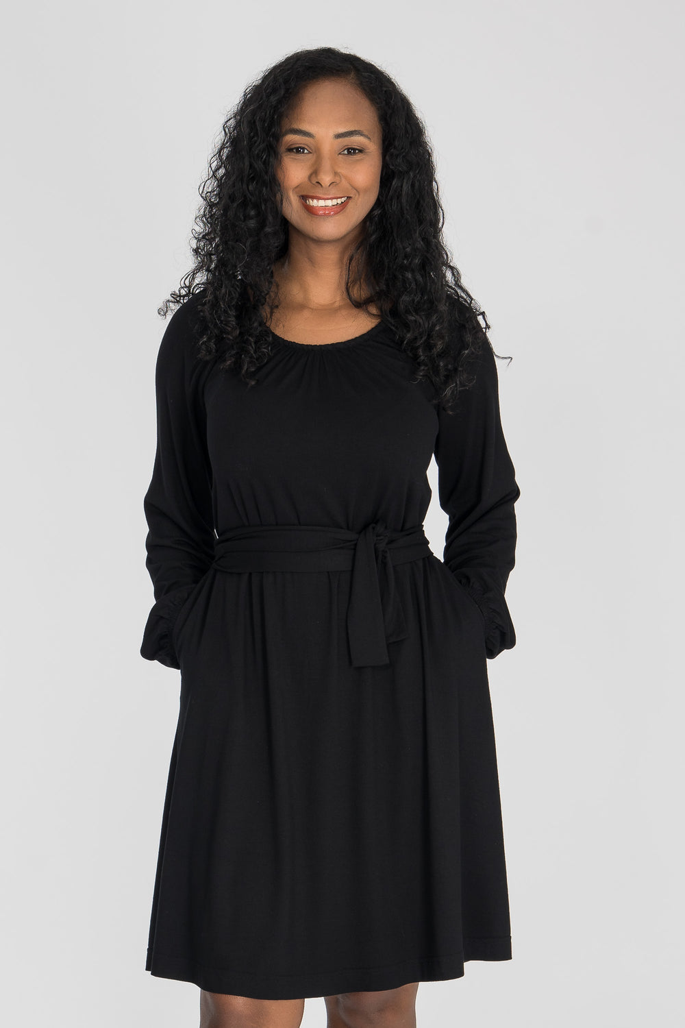 A-lined belted short jersey dress - Black