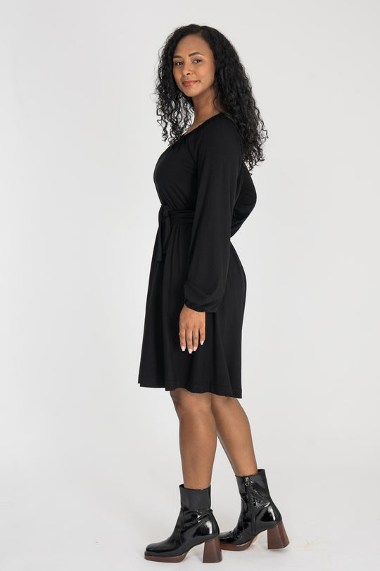 A-lined belted short jersey dress - Black
