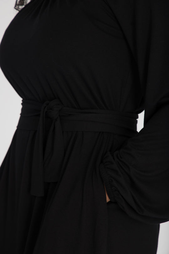 A-lined belted short jersey dress - Black