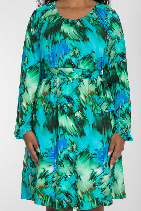A-lined belted short jersey dress - Blue-green
