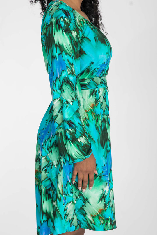 A-lined belted short jersey dress - Blue-green