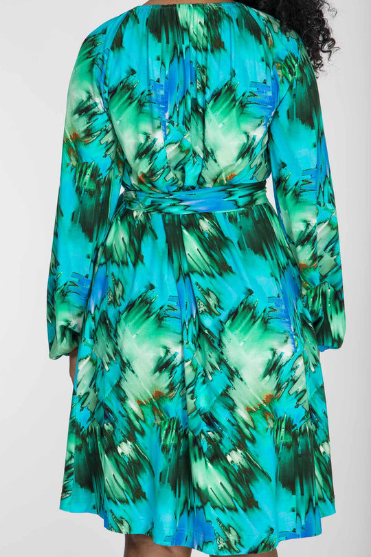A-lined belted short jersey dress - Blue-green