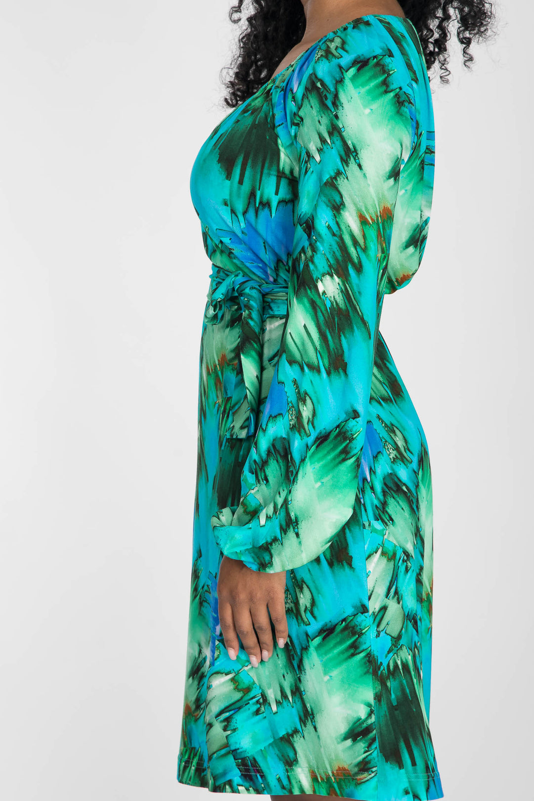 A-lined belted short jersey dress - Blue-green