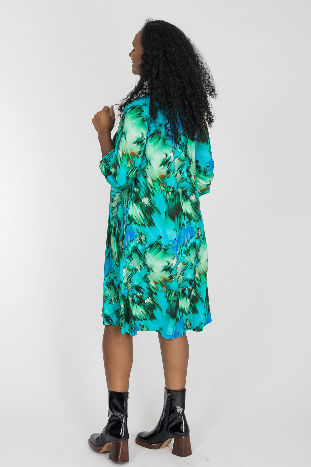 A-lined belted short jersey dress - Blue-green
