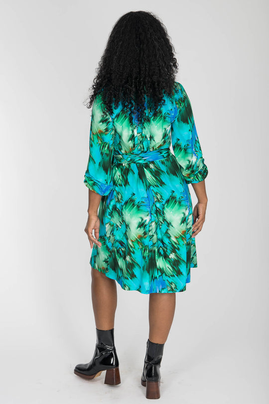 A-lined belted short jersey dress - Blue-green