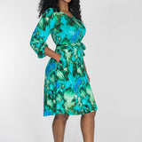 A-lined belted short jersey dress - Blue-green