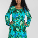 A-lined belted short jersey dress - Blue-green