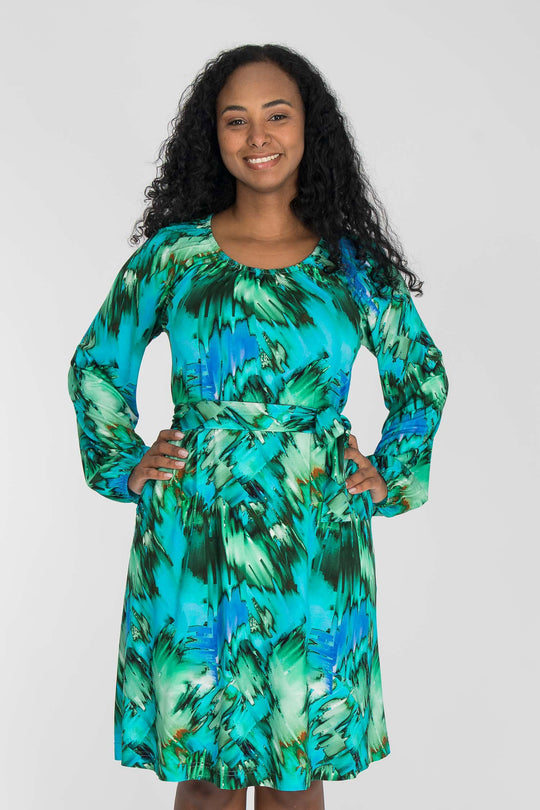 A-lined belted short jersey dress - Blue-green