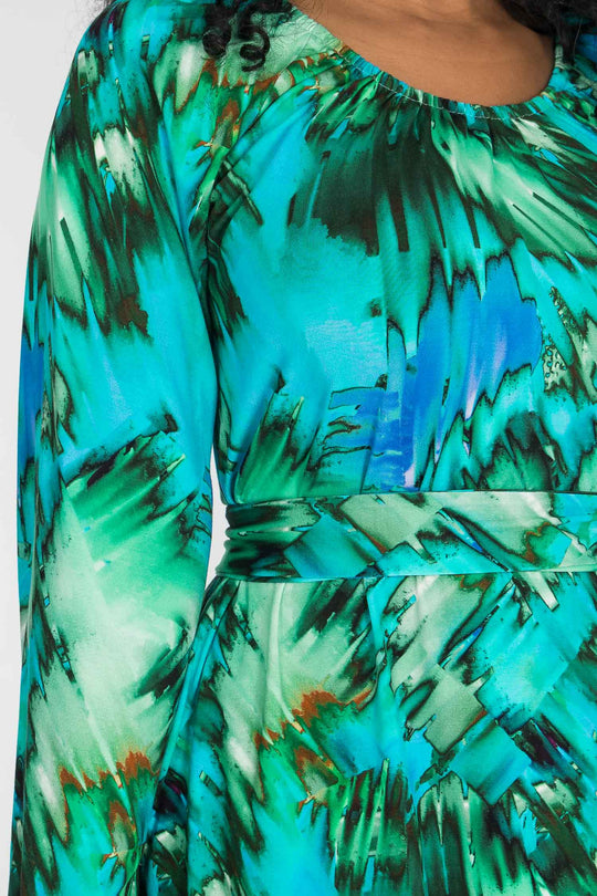 A-lined belted short jersey dress - Blue-green