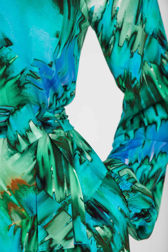A-lined belted short jersey dress - Blue-green
