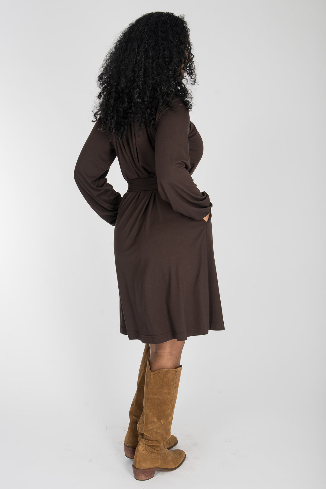 A-lined belted short jersey dress - Chocolate brown