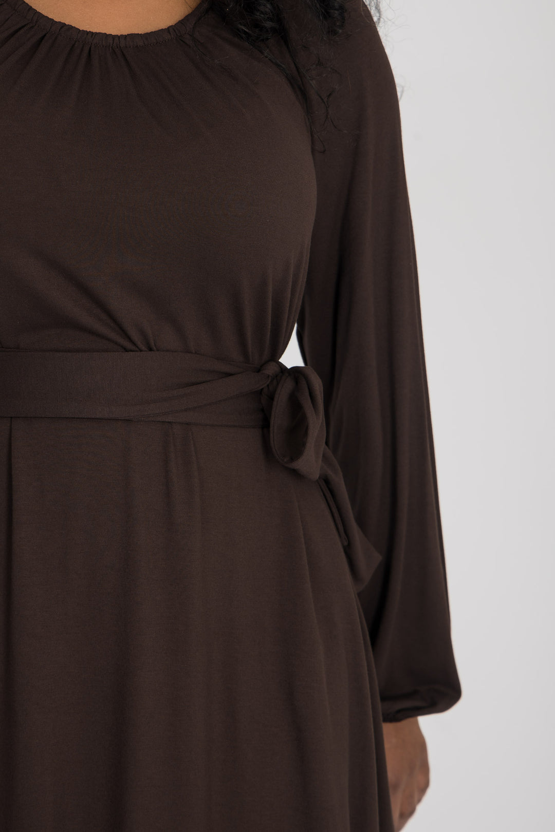 A-lined belted short jersey dress - Chocolate brown