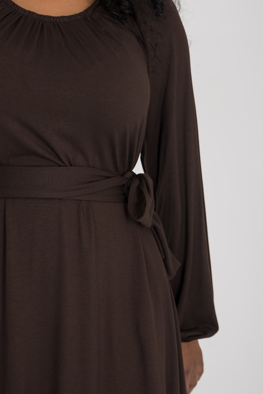 A-lined belted short jersey dress - Chocolate brown