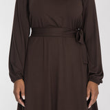 A-lined belted short jersey dress - Chocolate brown