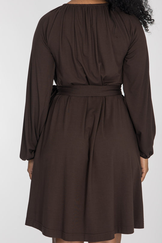 A-lined belted short jersey dress - Chocolate brown