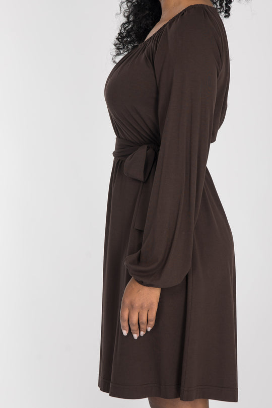 A-lined belted short jersey dress - Chocolate brown