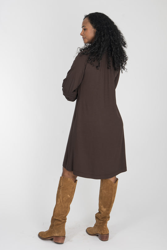 A-lined belted short jersey dress - Chocolate brown