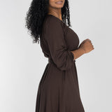 A-lined belted short jersey dress - Chocolate brown