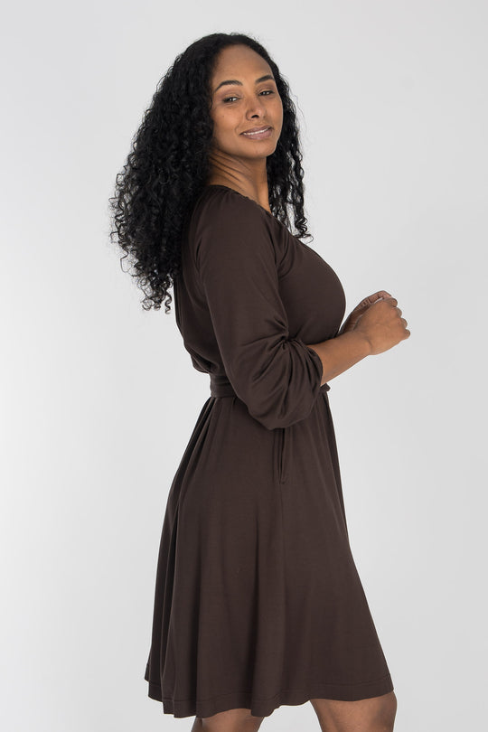 A-lined belted short jersey dress - Chocolate brown