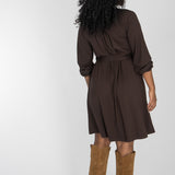 A-lined belted short jersey dress - Chocolate brown
