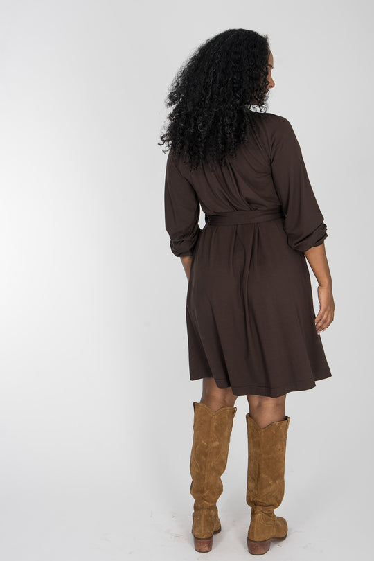 A-lined belted short jersey dress - Chocolate brown