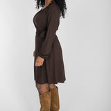 A-lined belted short jersey dress - Chocolate brown