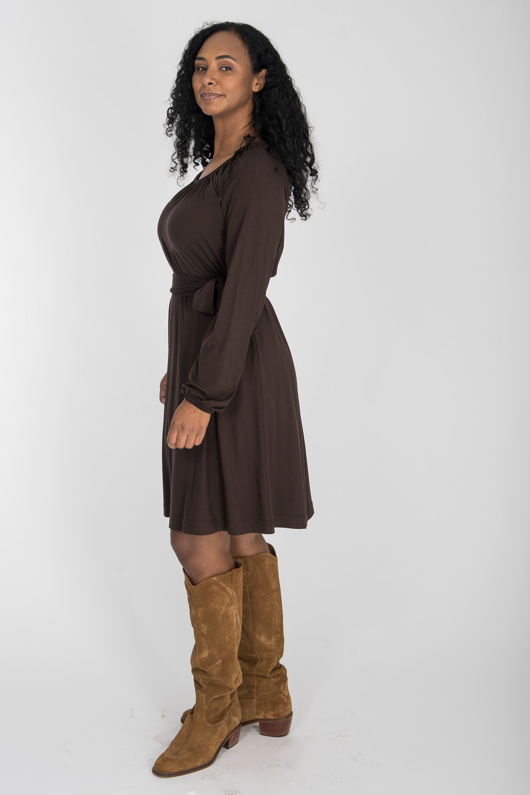 A-lined belted short jersey dress - Chocolate brown