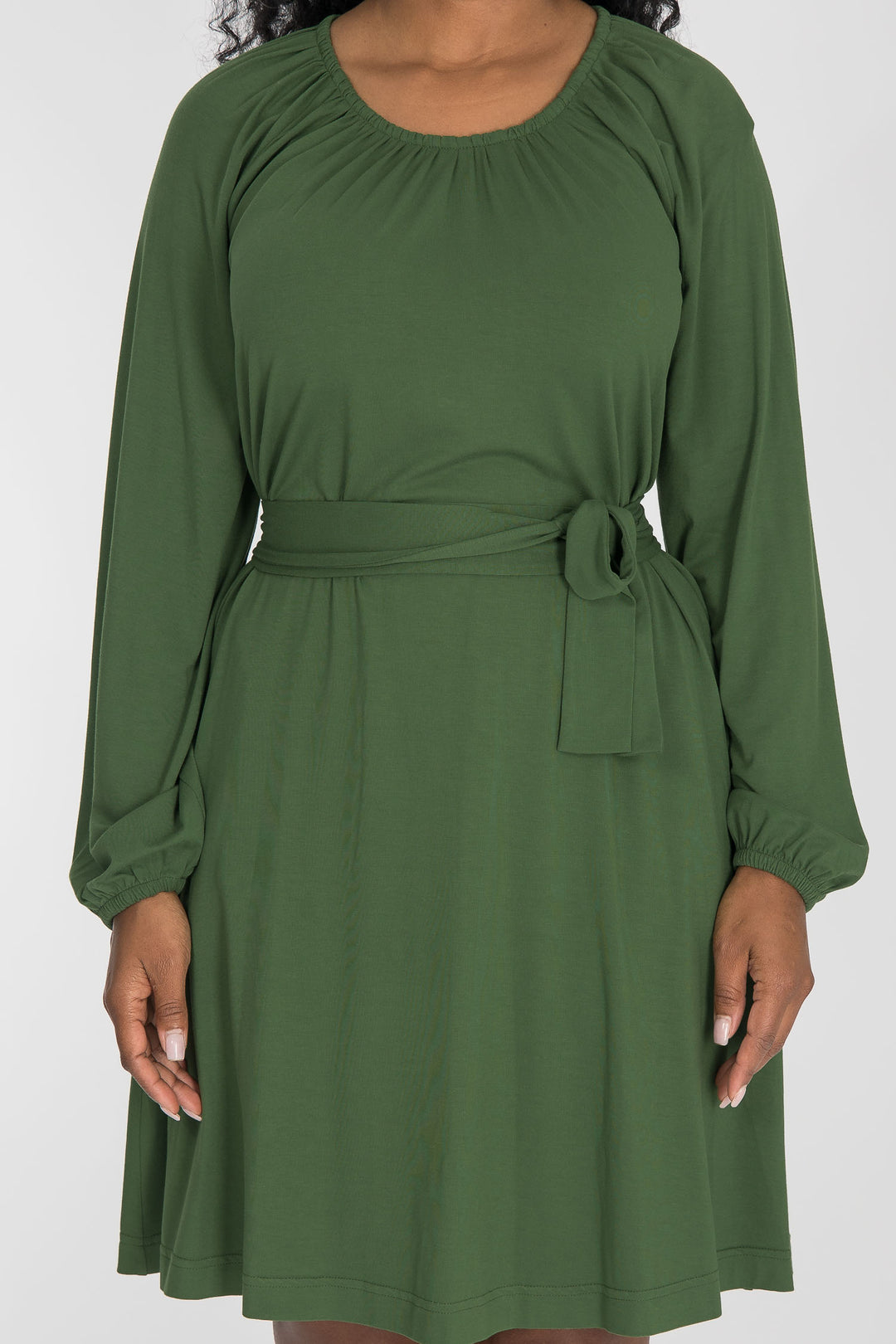 A-lined belted short jersey dress - Forrest green