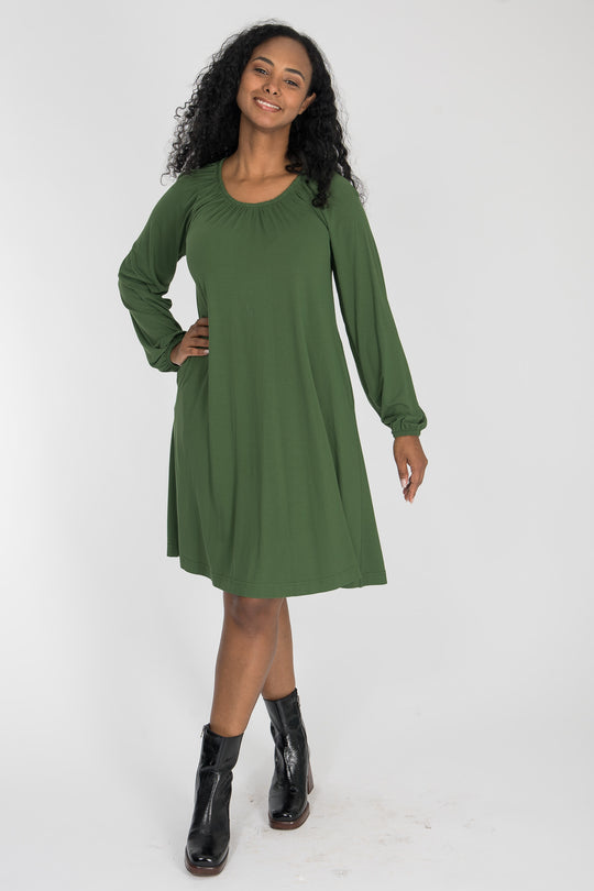 A-lined belted short jersey dress - Forrest green