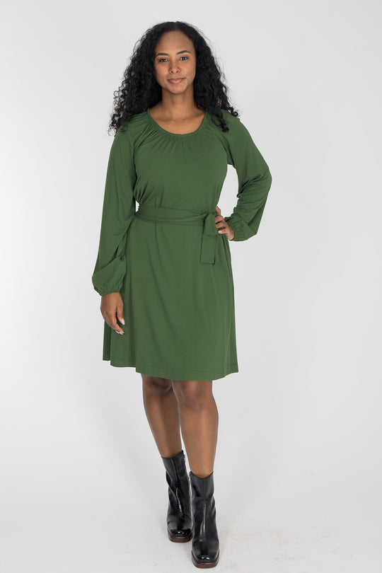 A-lined belted short jersey dress - Forrest green