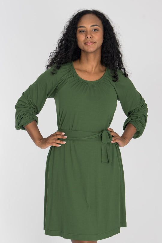 A-lined belted short jersey dress - Forrest green