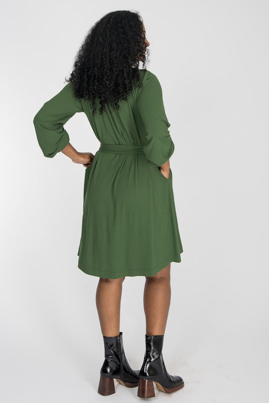 A-lined belted short jersey dress - Forrest green