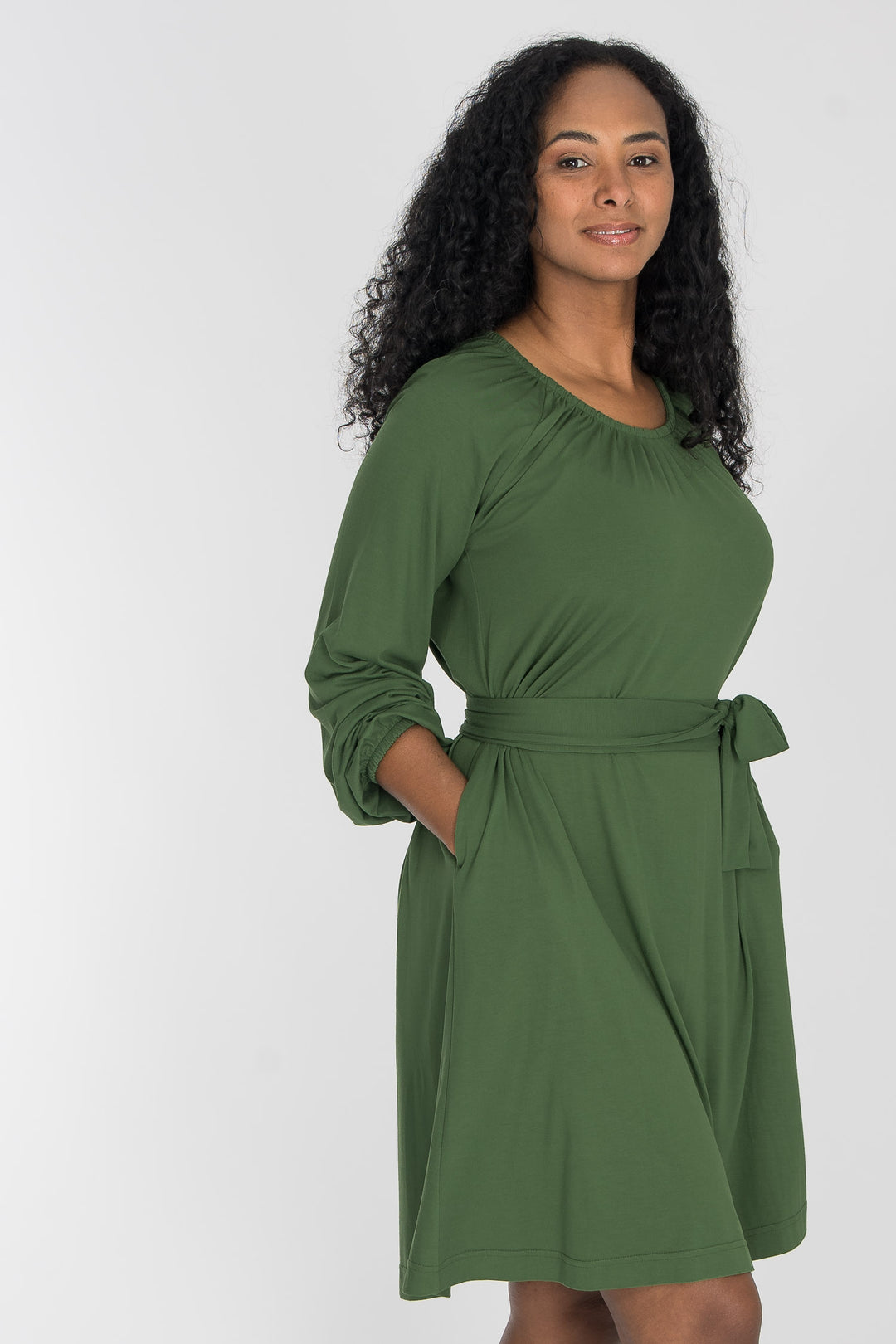 A-lined belted short jersey dress - Forrest green