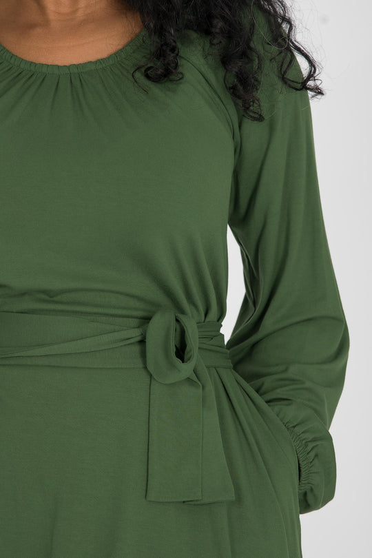 A-lined belted short jersey dress - Forrest green