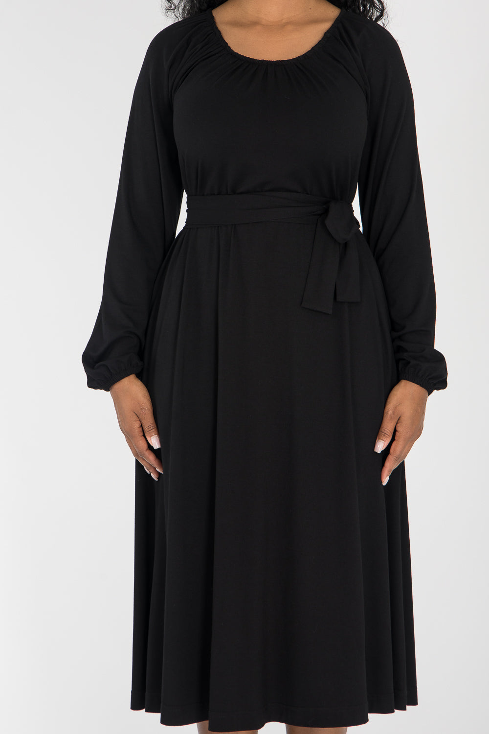 A-lined belted midi jersey dress - Black