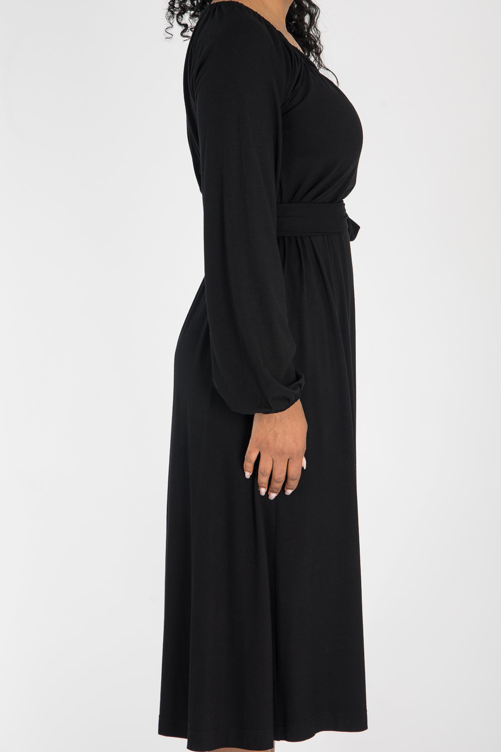 A-lined belted midi jersey dress - Black