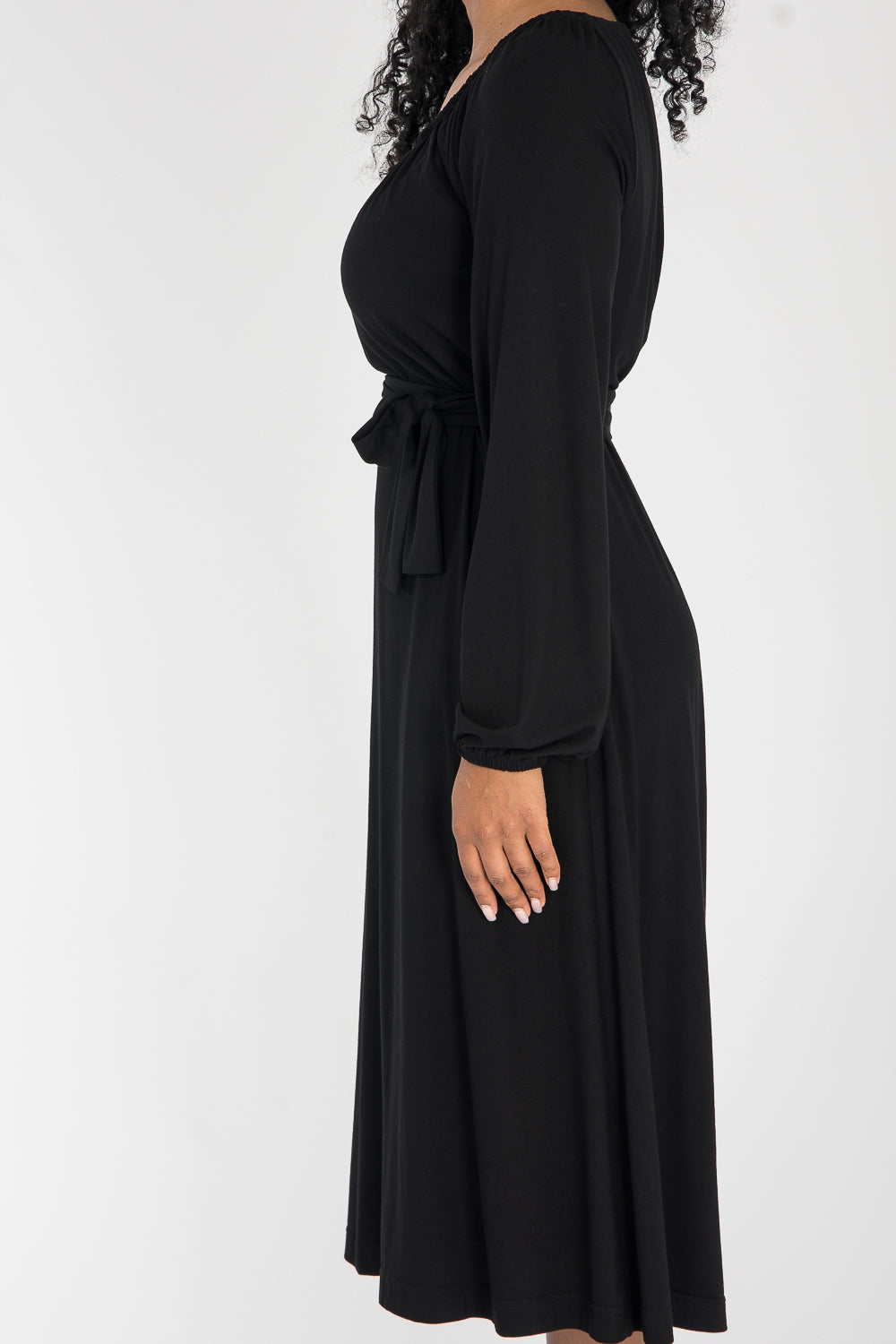 A-lined belted midi jersey dress - Black