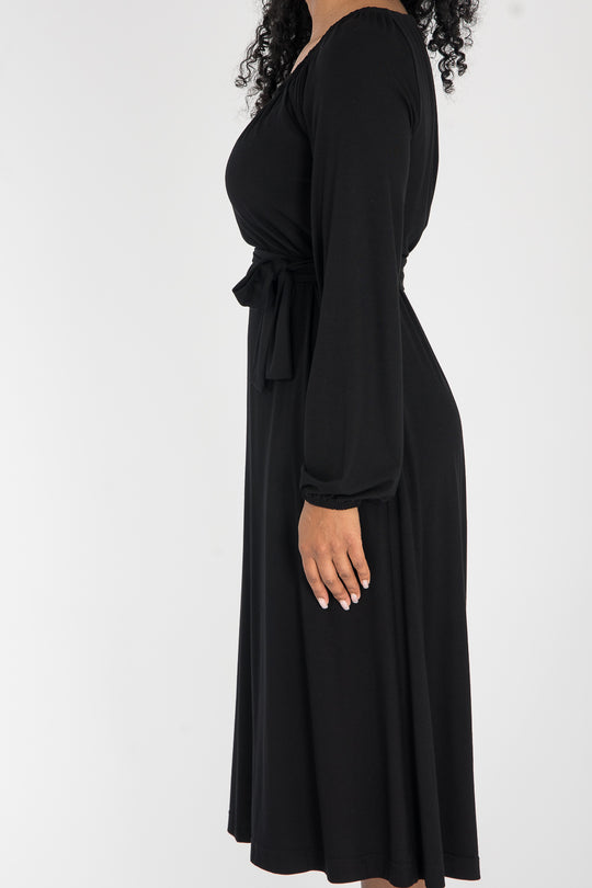 A-lined belted midi jersey dress - Black