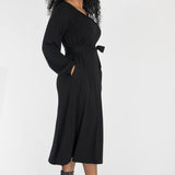 A-lined belted midi jersey dress - Black