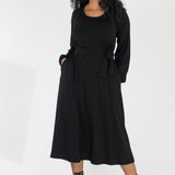 A-lined belted midi jersey dress - Black
